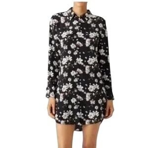 Equipment Classic Flora Silk Long Sleeve Button Down Shirt Dress XS Black White